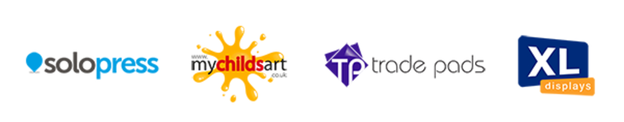 Solopress logo, My Child's Art logo, Trade pads logo, XL Displays logo