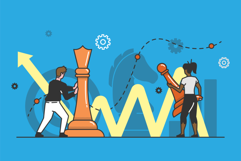 Illustration showing two people implementing a strategy Illustration showing two people implementing a strategy